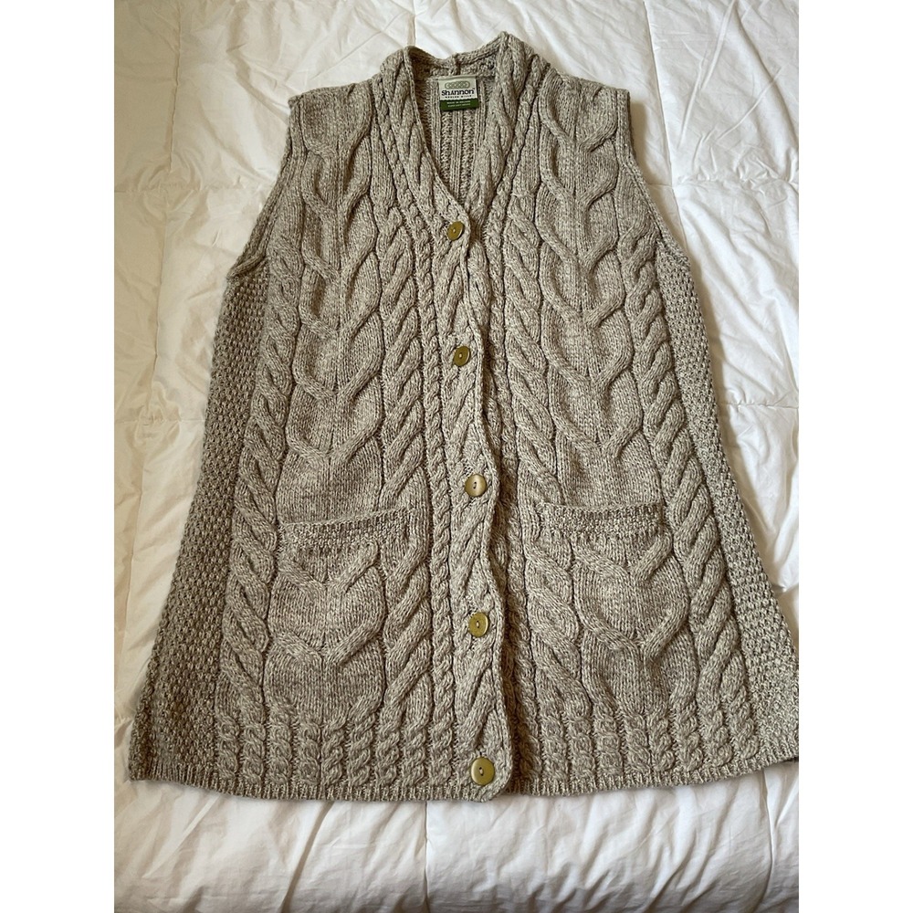 Shannon Woolen Mills Women's XL Wool Fisherman Sweater Vest Cardigan Ireland Veg